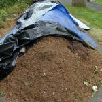 A mulch pile that has been “tarped down” to hold in place before application.