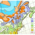 Fig. 1B.  Plant cold hardiness zone map for northeastern North America (adapted from Cathey 1990, for the period 1974-1986.) (Winter moth has been in Nova Scotia since the 1930s, but we think it was confined there by the cold winter temperatures in New Brunswick, which prevented spread to the rest of North America until now. Reprinted from Elkinton et al. 2010, Ann. Ent. Soc. Amer. 108:135-145).