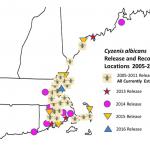 Fig. 1B.  Plant cold hardiness zone map for northeastern North America (adapted from Cathey 1990, for the period 1974-1986.) (Winter moth has been in Nova Scotia since the 1930s, but we think it was confined there by the cold winter temperatures in New Brunswick, which prevented spread to the rest of North America until now. Reprinted from Elkinton et al. 2010, Ann. Ent. Soc. Amer. 108:135-145).