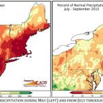 FIGURE	3. BELOW‐AVERAGE	PRECIPITATION	DURING	MAY	(LEFT)	AND	FROM	JULY	THROUGH	SEPTEMBER	(RIGHT)	IN	2015