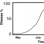 A graph of the amount of disease over a typical growing season, where no fungicides or other management is done, that has a stylized S shaped sigmoid