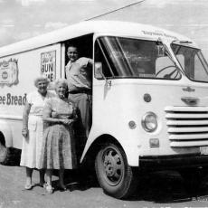 Truck delivers bread to suburban neighborhoods in the 1950's