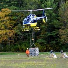 Helicopter lifting cranberries out of bog to waiting trucks