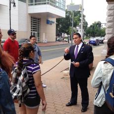 Dominic Sarno, Mayor of Springfield, talks with UMass students