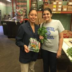 Zoraia Barros (r ) with Guatemalan employee holding UMass-Amherst grown chipilin at Market Basket, Chelsea, Mass.
