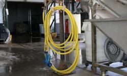 A yellow hose coiled and hanging.