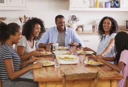 family sitting around the kitchen table eating together