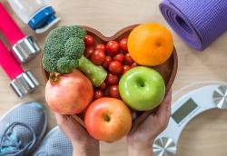 fresh fruits and vegetables, scale, sneakers