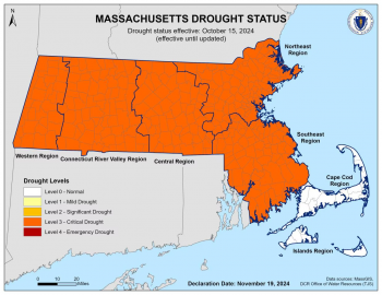 Map of Massachusetts showing all regions except for Cape Cod and the islands in a Level 3 Critical Drought