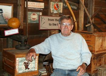 Jack Angley, Flax Pond Farm cranberry grower, in his shop, Carver, Mass