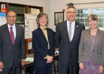  Chancellor Subbaswamy visits Cranberry Station. John Lebeaux; Commissioner of Agriculture; Chancellor Subbaswamy; Hilary Sandler, Director, Cranberry Station; Senator Michael Rodrigues; Jody Jellison, Director, CAFE; Tricia Serio, Dean, College of Natural Sciences