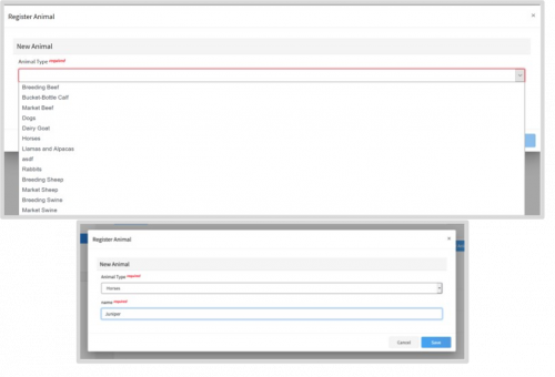 Select the appropriate animal type from the drop-down menu.  Enter the required Tag, Tattoo, or Animal Name as directed.  Click Save. 